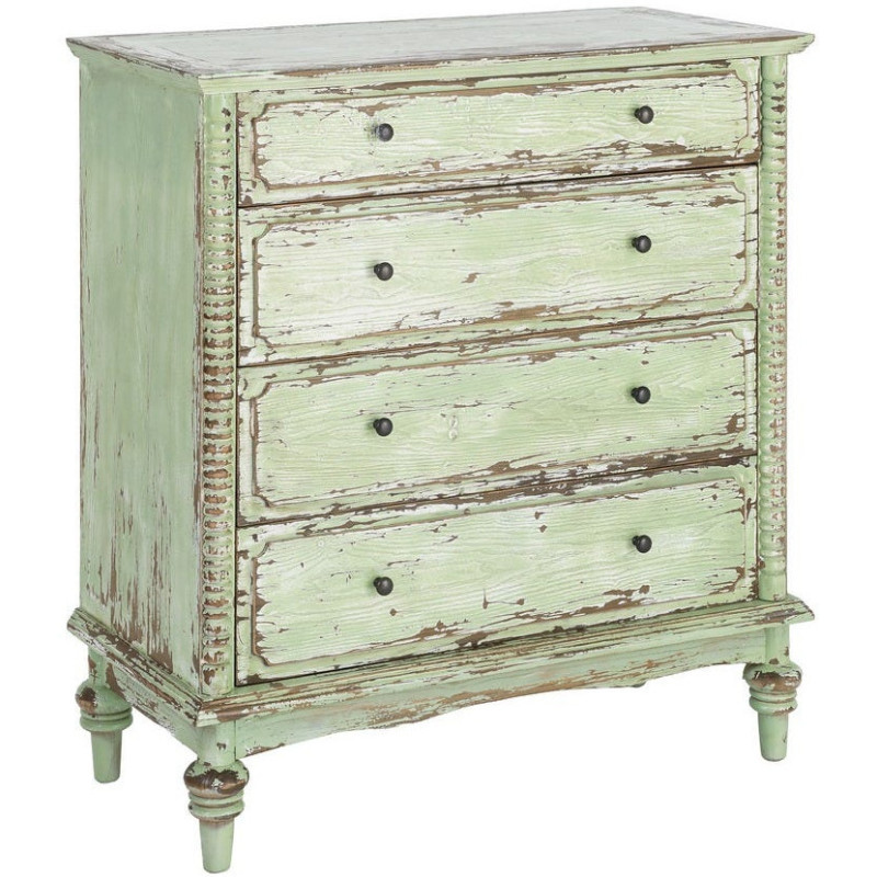 Commode de chambre Campagne bohème 4 tiroirs Bois recyclé Vert Patiné Amandéna 