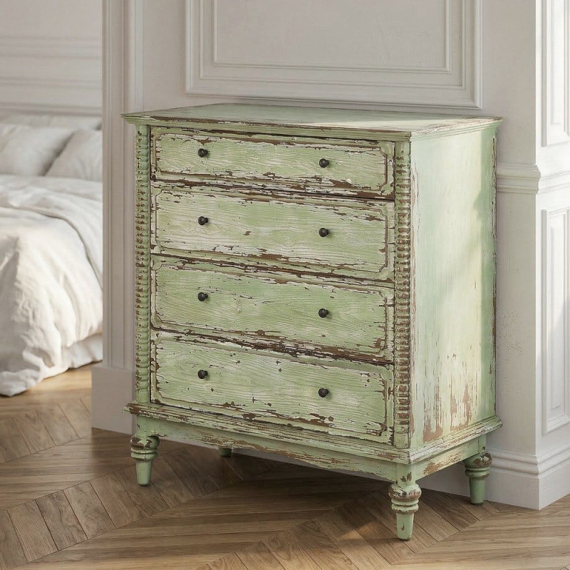Commode de chambre Campagne bohème 4 tiroirs Bois recyclé Vert Patiné Amandéna 