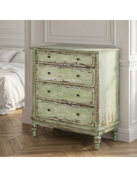 Commode de chambre Campagne bohème 4 tiroirs Bois recyclé Vert Patiné Amandéna 