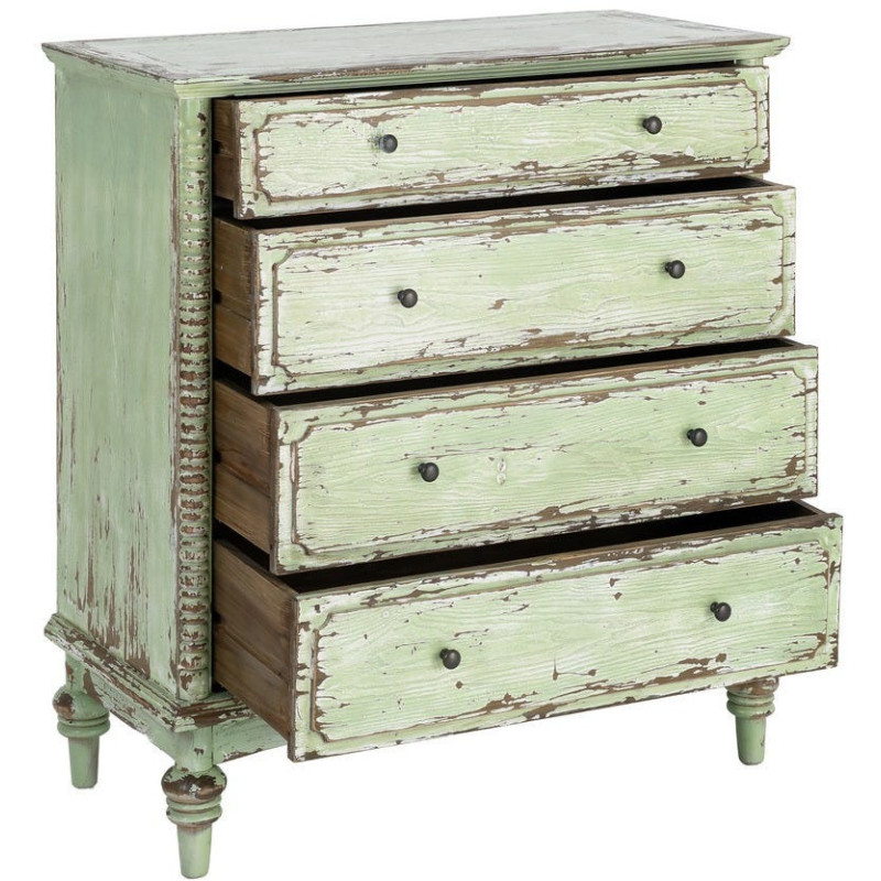 Commode de chambre Campagne bohème 4 tiroirs Bois recyclé Vert Patiné Amandéna 