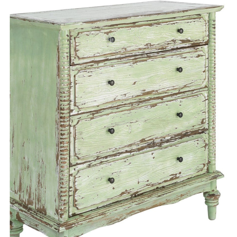 Commode de chambre Campagne bohème 4 tiroirs Bois recyclé Vert Patiné Amandéna 