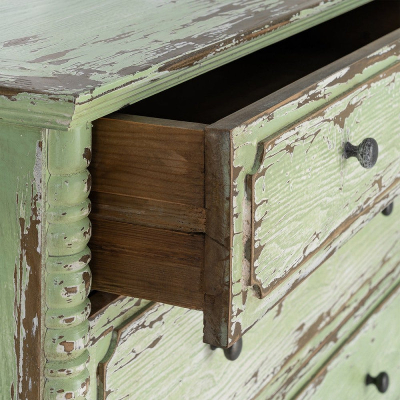 Commode de chambre Campagne bohème 4 tiroirs Bois recyclé Vert Patiné Amandéna 