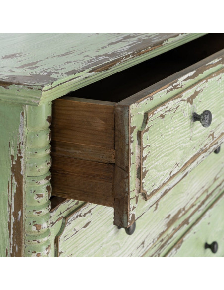 Commode de chambre Campagne bohème 4 tiroirs Bois recyclé Vert Patiné Amandéna 