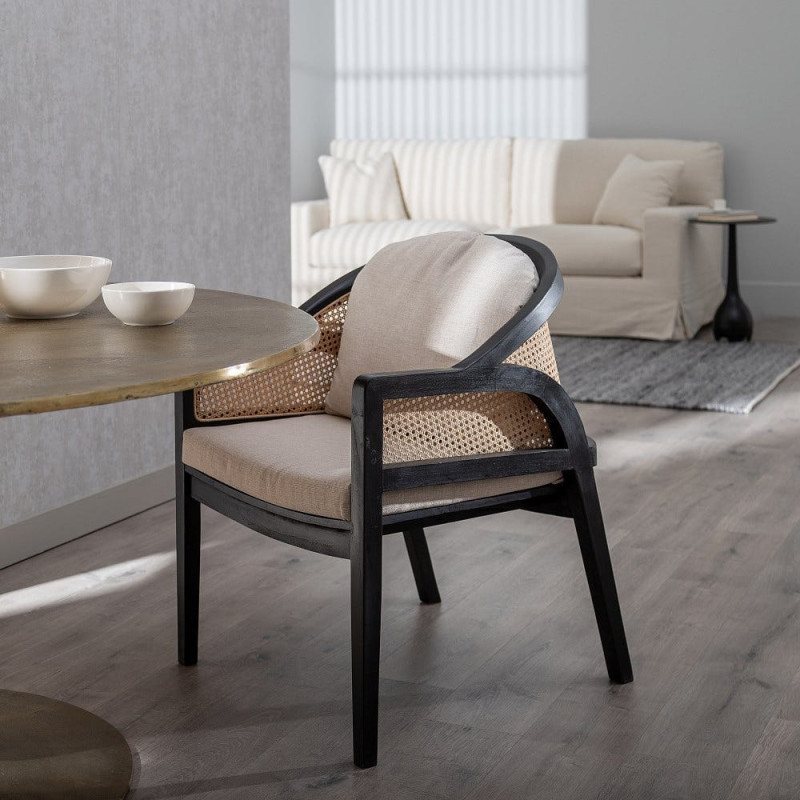 Fauteuil cannage style colonial contemporain Bois de teck Noir Rotin Naturel Navério 
