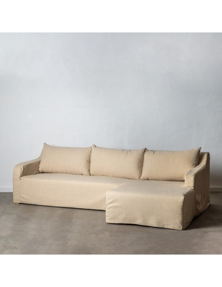 Canapé d'angle style bord de mer chic 4 places 249 cm Tissu Beige Bois de pin Bois de chêne Costarello 