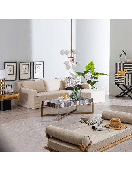 Canapé d'angle style bord de mer chic 4 places 249 cm Tissu Beige Bois de pin Bois de chêne Costarello 