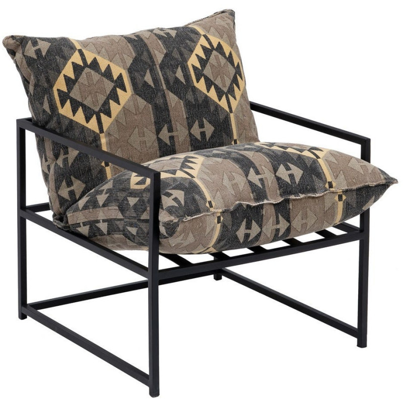 Fauteuil ethnique bohème chic Coton Taupe Motif géométrique Métal Noir Nomado 