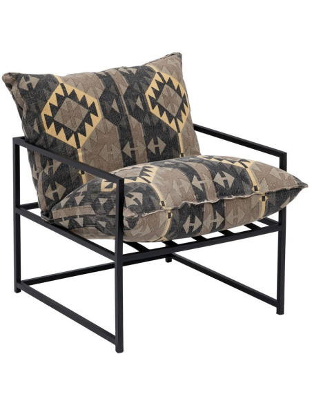 Fauteuil ethnique bohème chic Coton Taupe Motif géométrique Métal Noir Nomado 