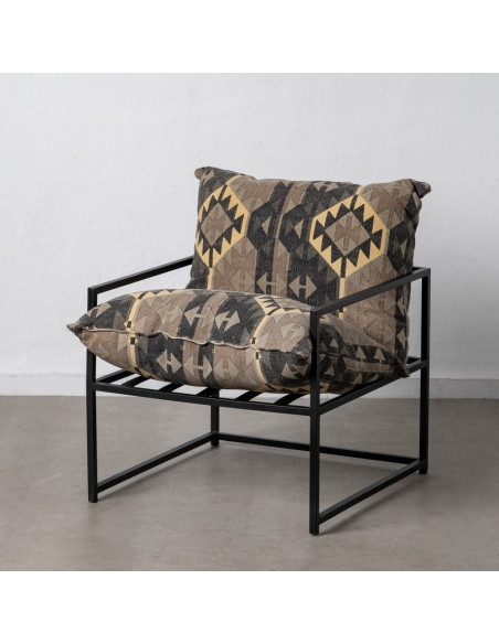 Fauteuil ethnique bohème chic Coton Taupe Motif géométrique Métal Noir Nomado 