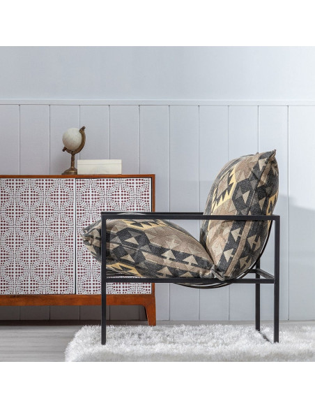 Fauteuil ethnique bohème chic Coton Taupe Motif géométrique Métal Noir Nomado 