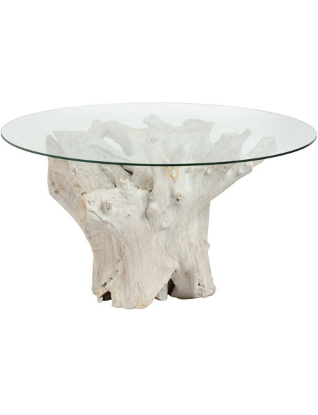 Table à manger organique wabi-sabi Ronde 6 personnes 140 cm Verre Transparent Bois de teck Blanchi Driftena 