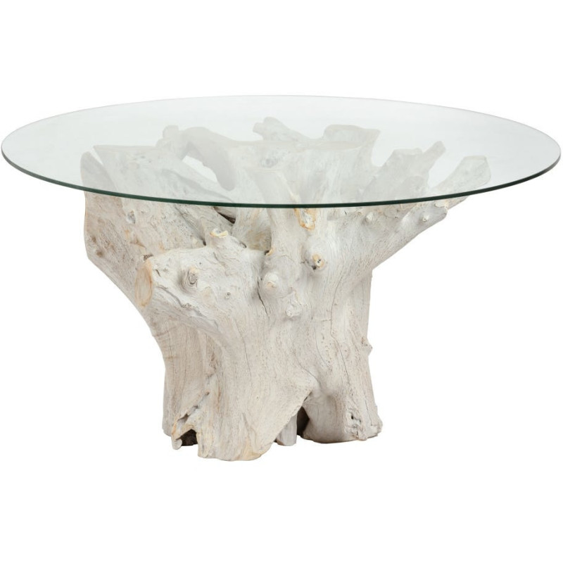 Table à manger organique wabi-sabi Ronde 6 personnes 140 cm Verre Transparent Bois de teck Blanchi Driftena 