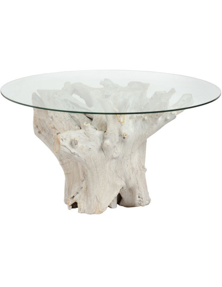 Table à manger organique wabi-sabi Ronde 6 personnes 140 cm Verre Transparent Bois de teck Blanchi Driftena 
