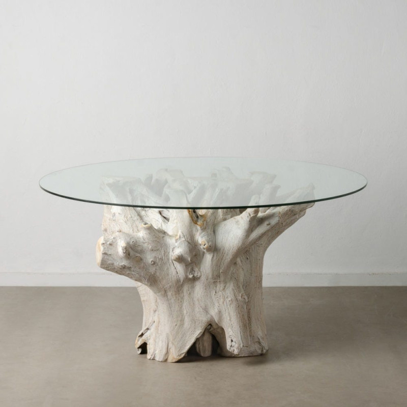 Table à manger organique wabi-sabi Ronde 6 personnes 140 cm Verre Transparent Bois de teck Blanchi Driftena 