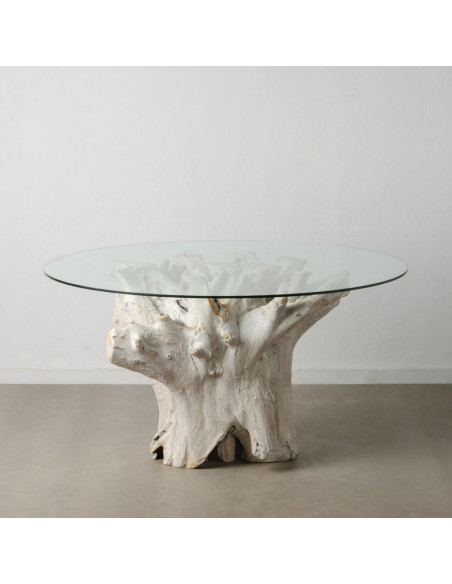 Table à manger organique wabi-sabi Ronde 6 personnes 140 cm Verre Transparent Bois de teck Blanchi Driftena 