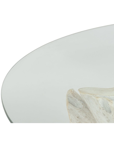 Table à manger organique wabi-sabi Ronde 6 personnes 140 cm Verre Transparent Bois de teck Blanchi Driftena 