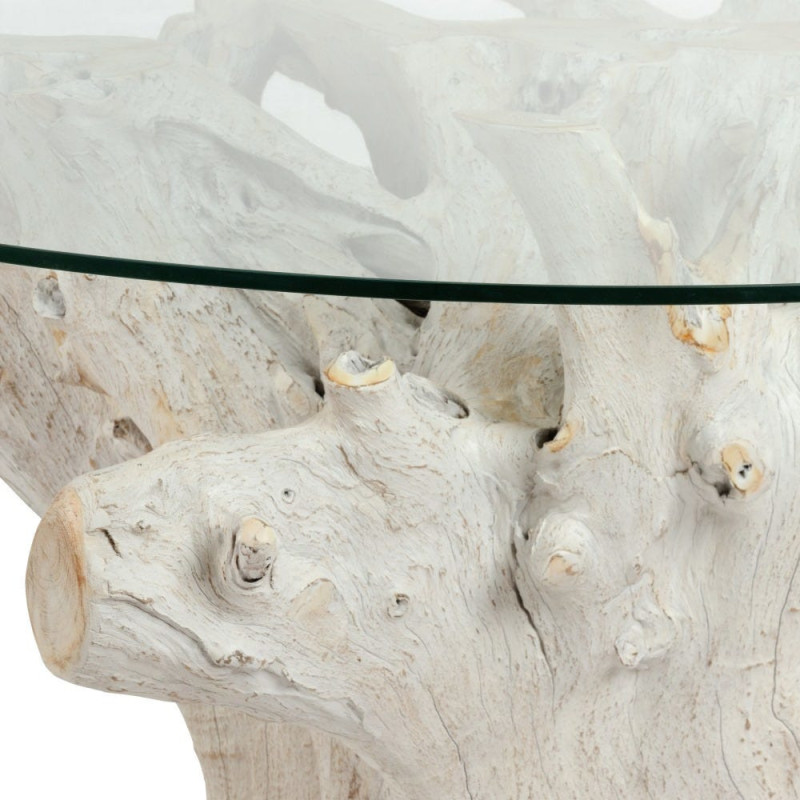 Table à manger organique wabi-sabi Ronde 6 personnes 140 cm Verre Transparent Bois de teck Blanchi Driftena 