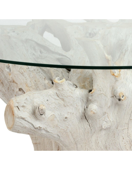 Table à manger organique wabi-sabi Ronde 6 personnes 140 cm Verre Transparent Bois de teck Blanchi Driftena 