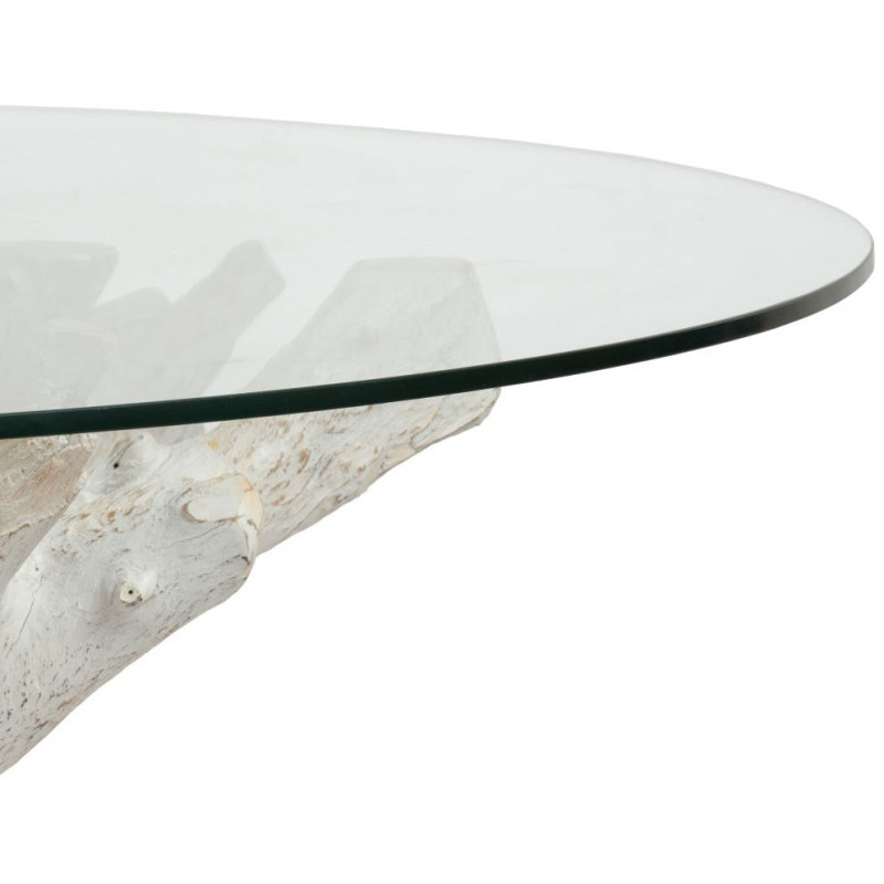 Table à manger organique wabi-sabi Ronde 6 personnes 140 cm Verre Transparent Bois de teck Blanchi Driftena 