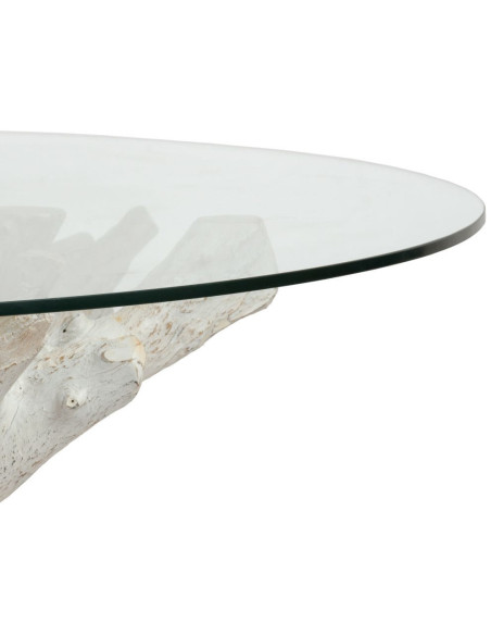 Table à manger organique wabi-sabi Ronde 6 personnes 140 cm Verre Transparent Bois de teck Blanchi Driftena 