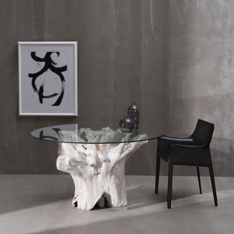Table à manger organique wabi-sabi Ronde 6 personnes 140 cm Verre Transparent Bois de teck Blanchi Driftena 