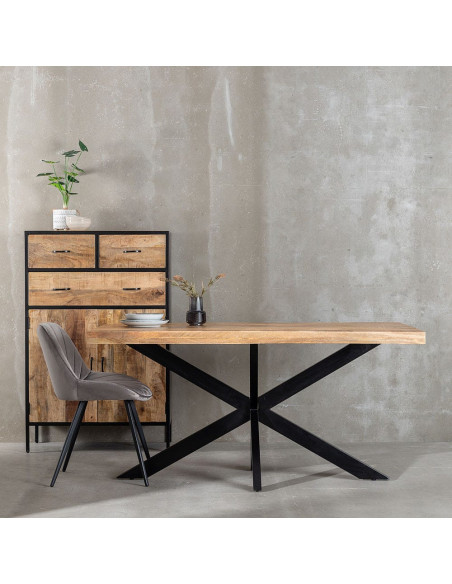 Grande Table à manger industrielle chic Rectangulaire 6 personnes 180 cm Bois de manguier massif Naturel Métal Noir Brutélor 