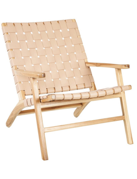 Fauteuil moderne haut de gamme en Bois de teck Naturel Cuir véritable Beige Mica 