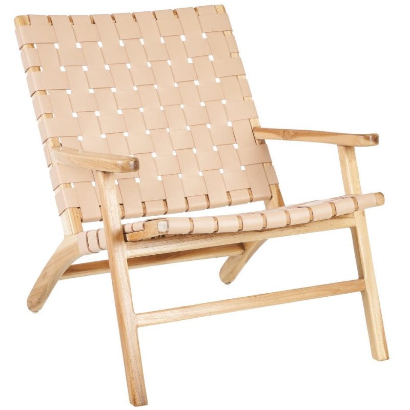 Fauteuil moderne haut de gamme en Bois de teck Naturel Cuir véritable Beige Mica 