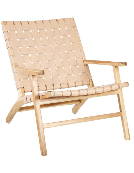 Fauteuil moderne haut de gamme en Bois de teck Naturel Cuir véritable Beige Mica 