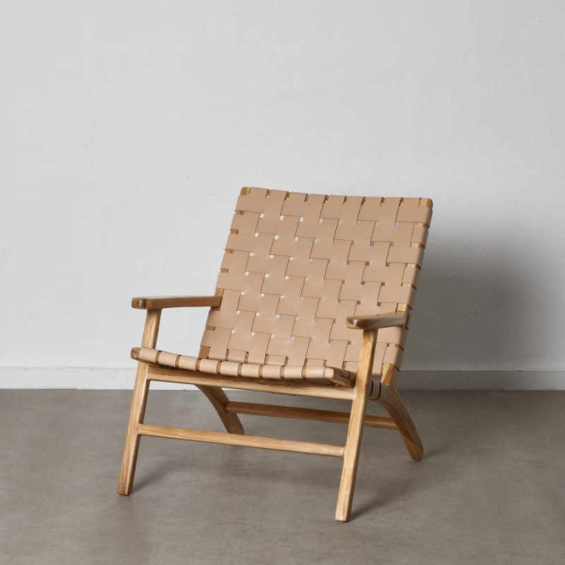 Fauteuil moderne haut de gamme en Bois de teck Naturel Cuir véritable Beige Mica 