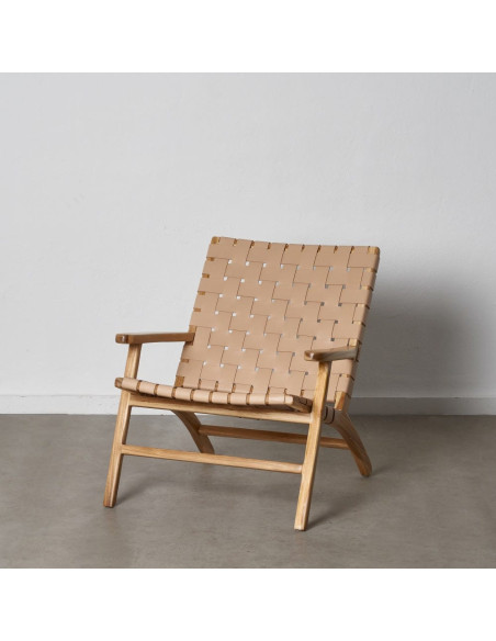 Fauteuil moderne haut de gamme en Bois de teck Naturel Cuir véritable Beige Mica 