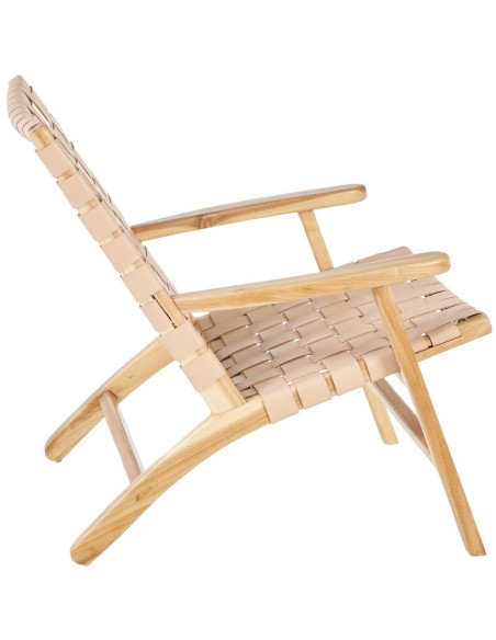 Fauteuil moderne haut de gamme en Bois de teck Naturel Cuir véritable Beige Mica 