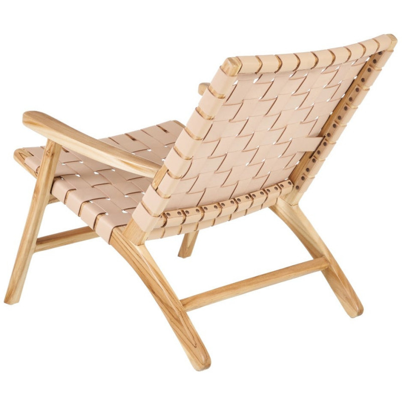 Fauteuil moderne haut de gamme en Bois de teck Naturel Cuir véritable Beige Mica 
