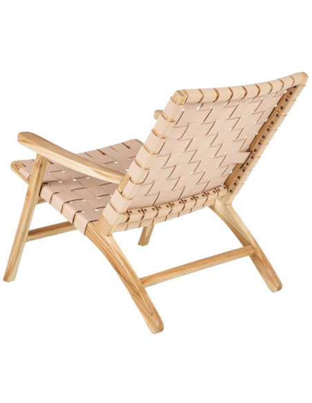 Fauteuil moderne haut de gamme en Bois de teck Naturel Cuir véritable Beige Mica 