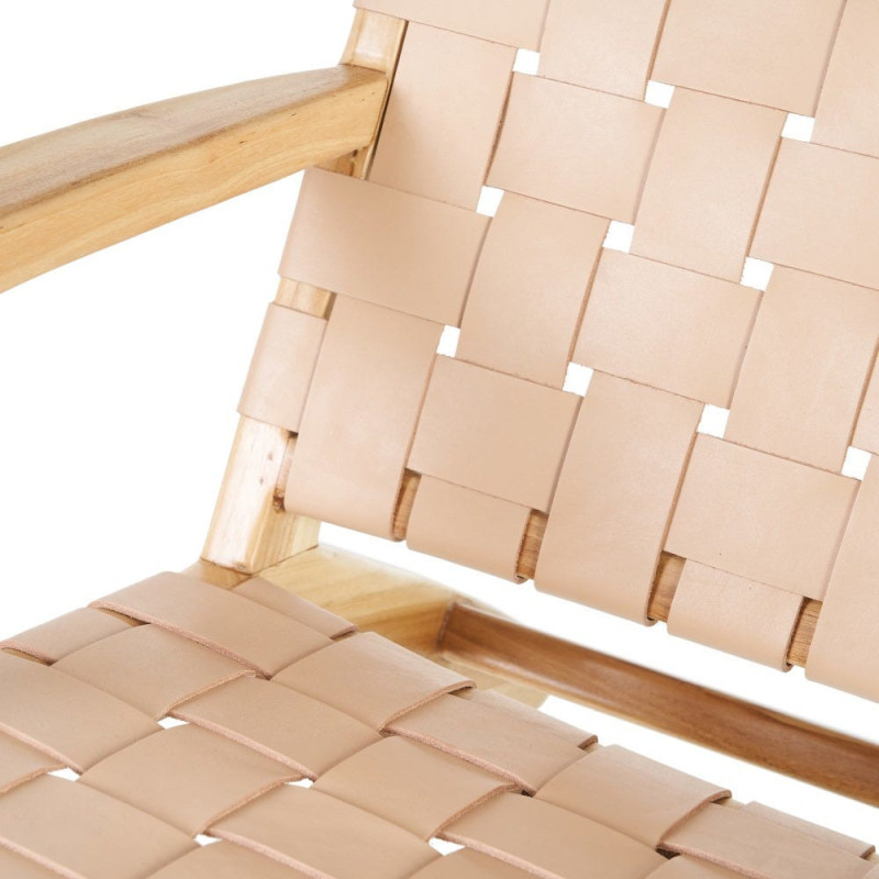 Fauteuil moderne haut de gamme en Bois de teck Naturel Cuir véritable Beige Mica 