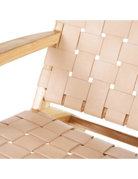 Fauteuil moderne haut de gamme en Bois de teck Naturel Cuir véritable Beige Mica 