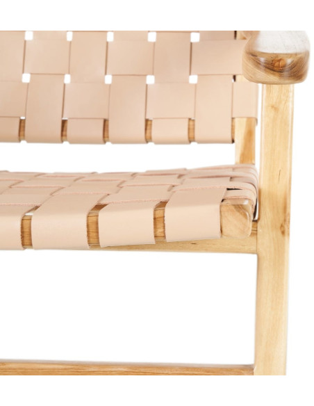 Fauteuil moderne haut de gamme en Bois de teck Naturel Cuir véritable Beige Mica 