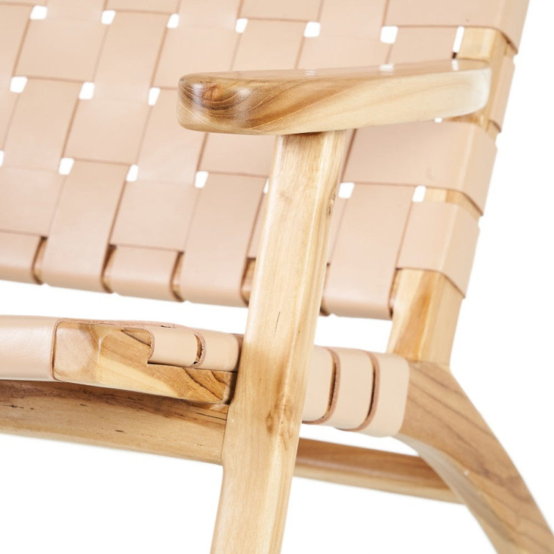 Fauteuil moderne haut de gamme en Bois de teck Naturel Cuir véritable Beige Mica 