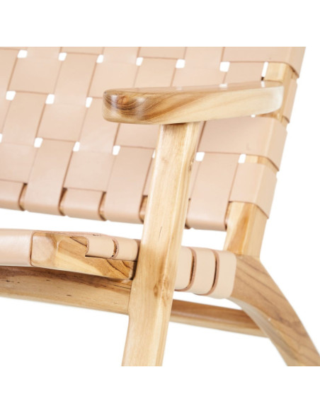 Fauteuil moderne haut de gamme en Bois de teck Naturel Cuir véritable Beige Mica 