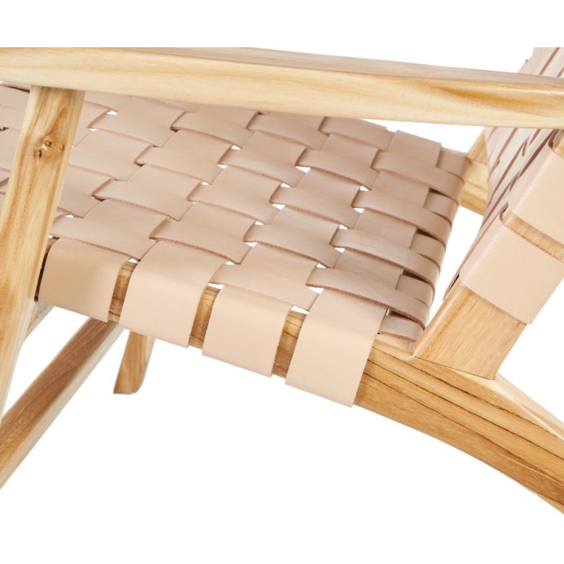 Fauteuil moderne haut de gamme en Bois de teck Naturel Cuir véritable Beige Mica 