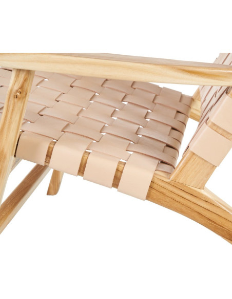 Fauteuil moderne haut de gamme en Bois de teck Naturel Cuir véritable Beige Mica 