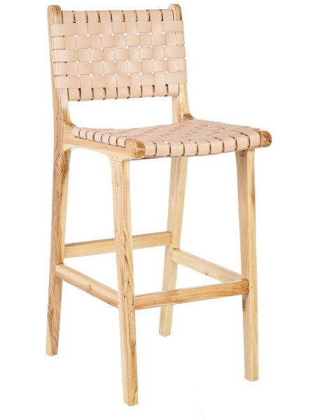 Tabouret de bar moderne haut de gamme en Bois de teck Naturel Cuir véritable Beige Mica 