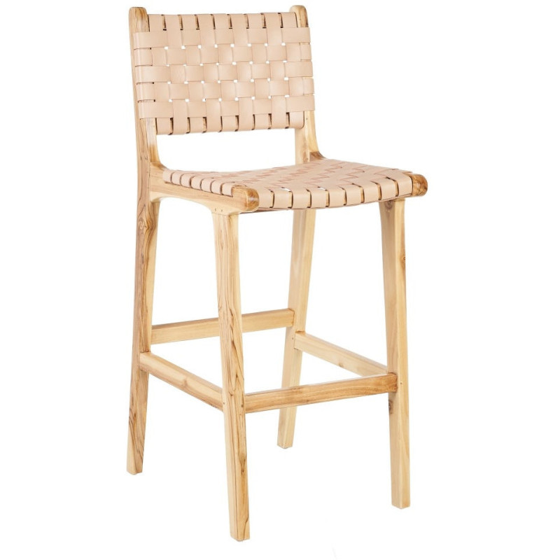 Tabouret de bar moderne haut de gamme en Bois de teck Naturel Cuir véritable Beige Mica 