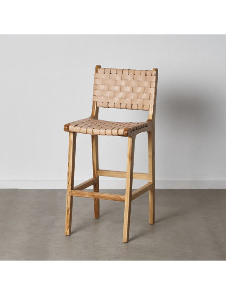 Tabouret de bar moderne haut de gamme en Bois de teck Naturel Cuir véritable Beige Mica 