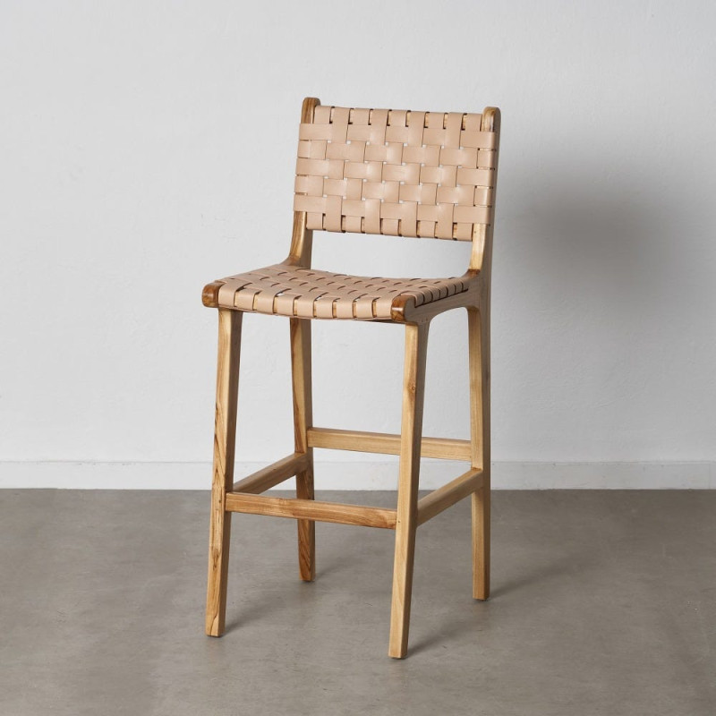 Tabouret de bar moderne haut de gamme en Bois de teck Naturel Cuir véritable Beige Mica 
