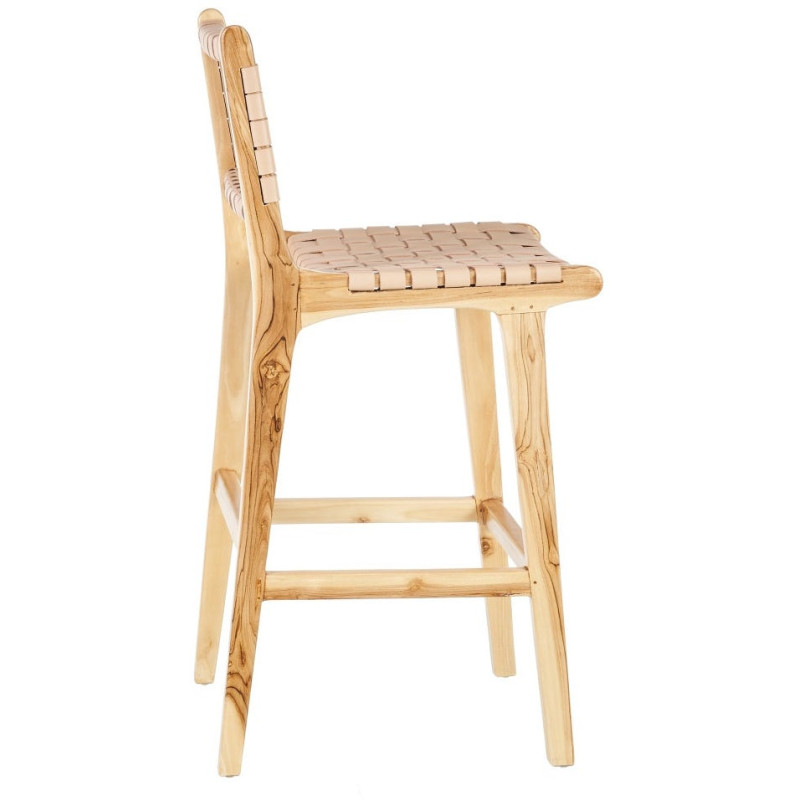 Tabouret de bar moderne haut de gamme en Bois de teck Naturel Cuir véritable Beige Mica 