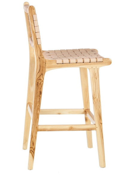 Tabouret de bar moderne haut de gamme en Bois de teck Naturel Cuir véritable Beige Mica 