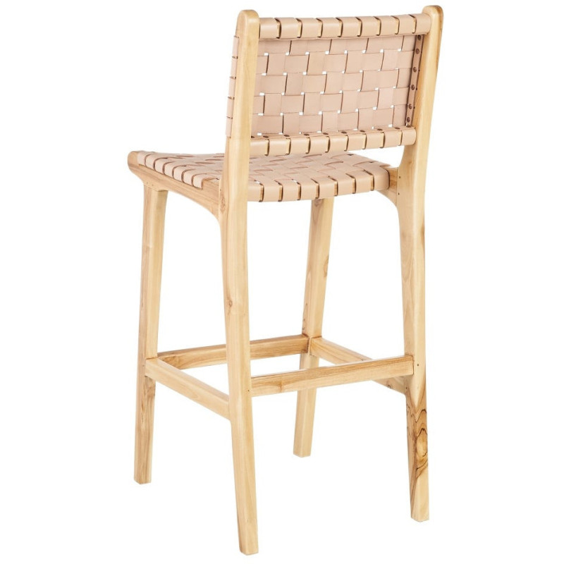 Tabouret de bar moderne haut de gamme en Bois de teck Naturel Cuir véritable Beige Mica 