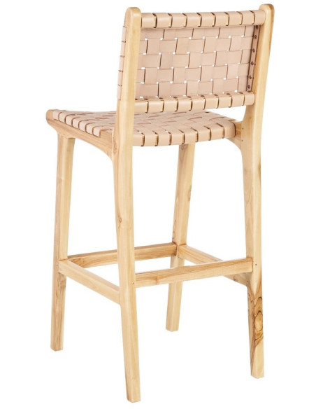 Tabouret de bar moderne haut de gamme en Bois de teck Naturel Cuir véritable Beige Mica 