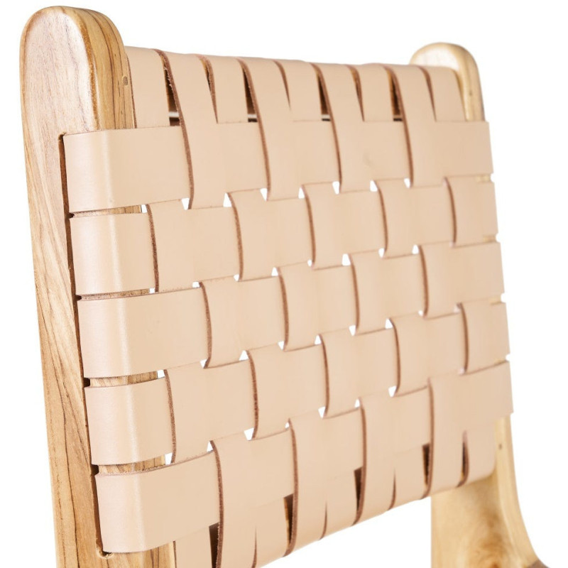 Tabouret de bar moderne haut de gamme en Bois de teck Naturel Cuir véritable Beige Mica 